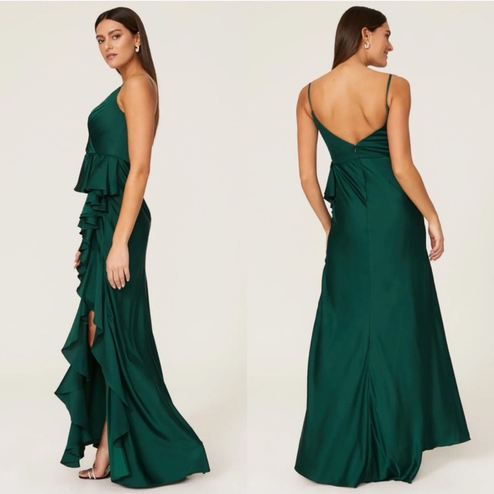 Mac Duggal Satin Ruffled Gown Maxi Dress in Green Size 6 - Picture 2 of 8